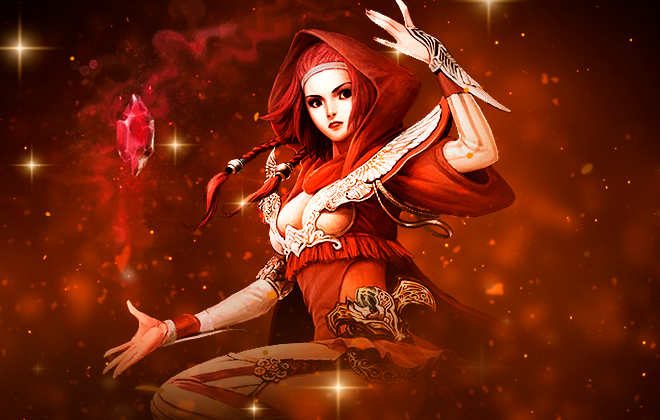 Heroína arcana cercada por energia vermelha